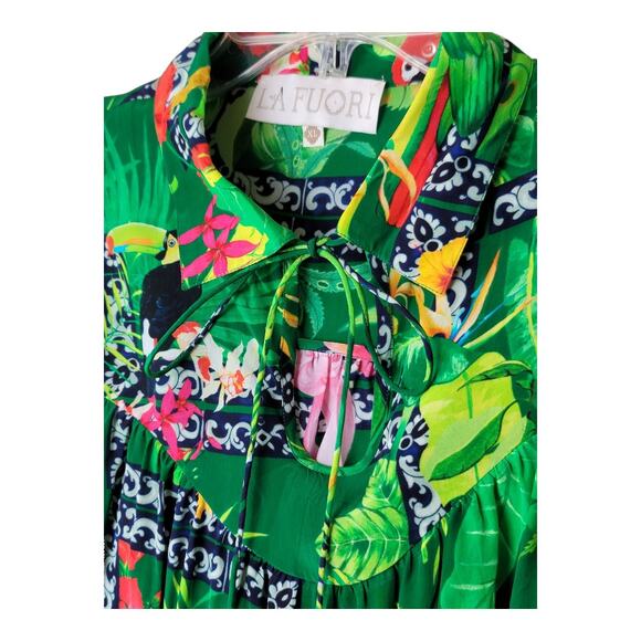La Fuori Bela Fuori Tropical Silk Top Green‎ Long Sleeve Tassel Women's XL - Picture 7 of 14